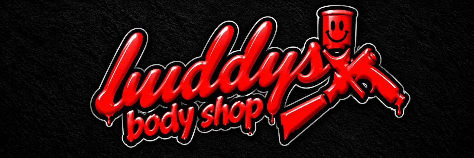 Buddy's Body Shop logo, red lettering with a paint spray gun on a black textured background